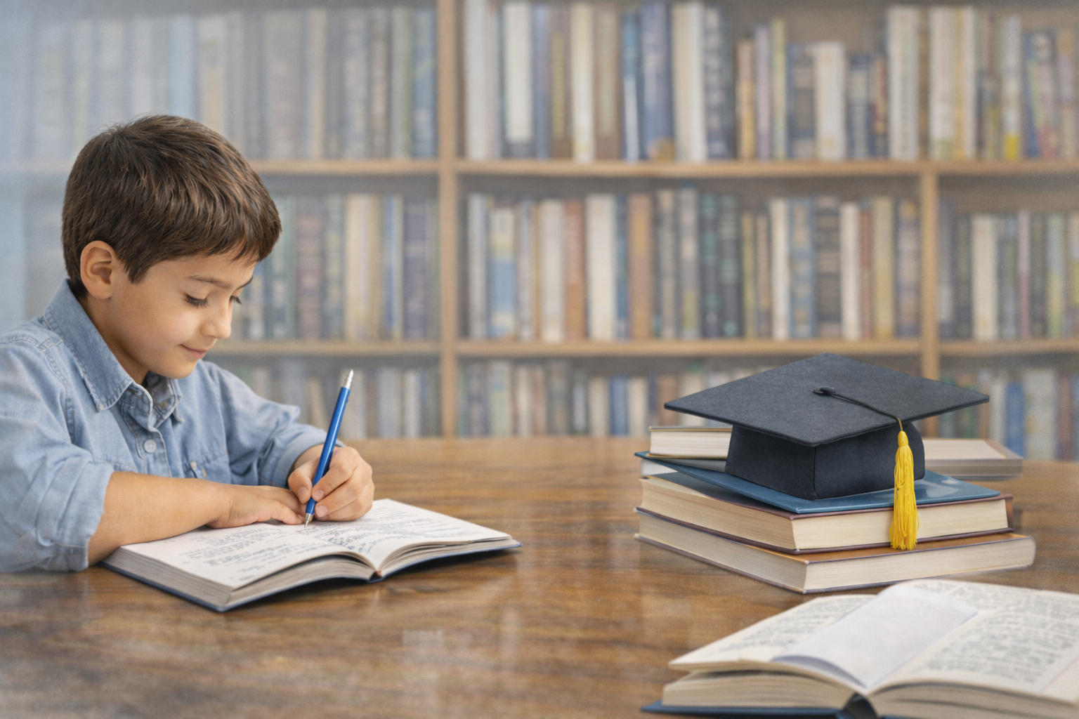A young student studying with books and a graduation cap